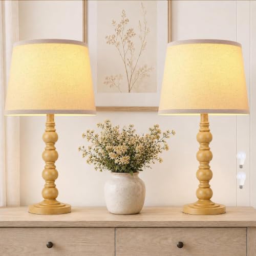 OFOWEIOUY Set of 2 Farmhouse Table Lamps – 21" Vintage Nightstand Lamps with Linen Shades, Rustic Resin Bedside Desk Lamps for Bedroom, Living Room, Office, LED Bulbs Included