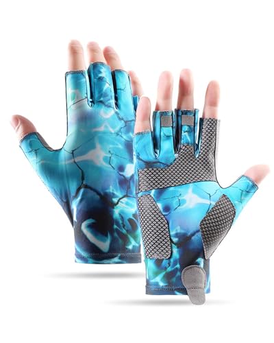 ReelFin Sun Gloves UPF 50+ Fishing Gloves, Fingerless Sun Protection UV Protection Stretch Fishing Gloves for Men Women (Ocean Blue, XL)