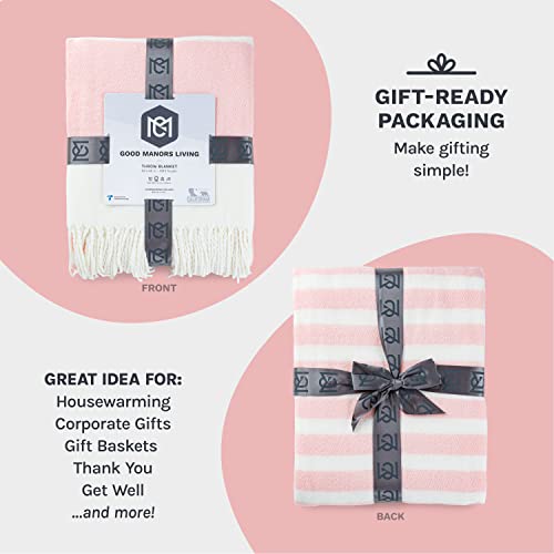 Striped Throw Blanket - Farmhouse Style Throws With Cabana Stripe Coastal Beach Pattern - Soft Light Woven Blankets With Stripes For Sofa, Bed, Outdoor, Patio - 50 X 60 In. (Light Pink) #TOP5