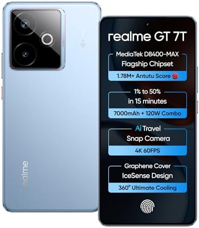 realme GT 7T (IceSense Blue,8GB+256GB) | MediaTek D8400 MAX | Strongest Battery Combo 7000mAh + 120W | AI 4K 60FPS Travel Camera | 360° Cooling IceSense Design with Graphene | 6000 nits Display
