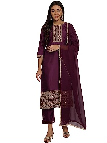 Image of VredeVogel Women's Silk Blend Embroidered Kurta with Pant & Nazneen Dupatta Set