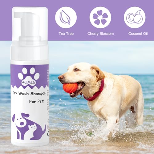 Aomig Wasserloses Trockenshampoo für Hunde Katzen Kleintiere Schnelle Sanfte Reinigung mit Pflegenden Pflanzenextrakten Ohne Alkohol Schaumformel Rückstandsfrei für Reisen empfindliche Haut (150ml)
