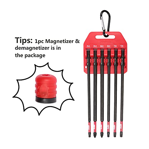 Protorq Long Impact Bit Set, Ph2 Sq2 T25, 6-Inch Length, 6-Piece With 1-Piece Magnetizer & Demagnetizer #TOP1