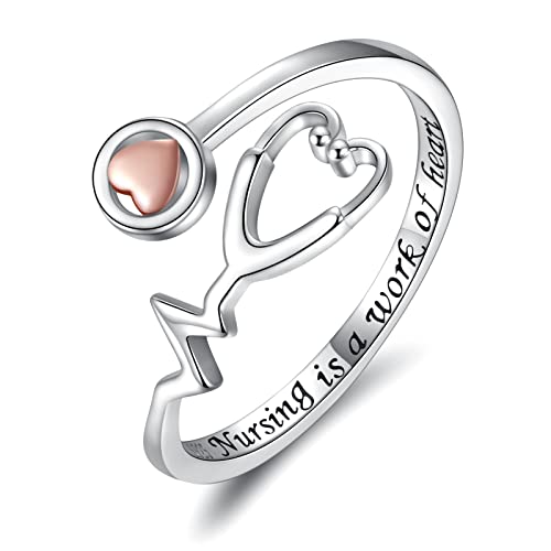 925 Sterling Silver Nurse Necklace Ring Earrings Stethoscope Jewelry Set Gifts for Nurse Graduation Doctor Medical Student (Ring)