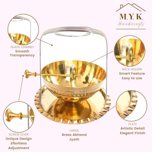 Image of Brass Akhand Jyoth with Glass Chimney (7 x 6 inches) - Extra Large Diya with Wick Lifting Screw Lever - Stays Lit Up to 9 Days - Ideal for Navratri, Diwali, and Gifting.