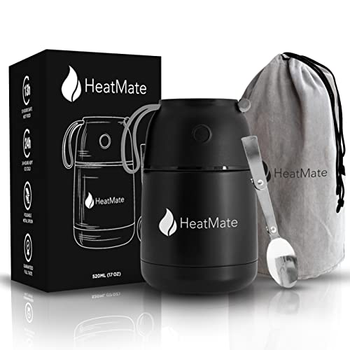 HeatMate 520 millilitre Food Flask | BPA Free Stainless Steel Jar for Hot and Cold Meals | Folding Spoon | Leakproof | Double-Wall Insulation - Black