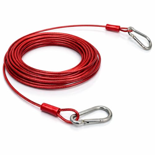 Image of 9.1 Meter (5mm) Heavy Duty Stainless Steel Clothesline Wire Rope with Carabineer Hooks, Portable Rustproof Laundry Drying Rope Cable for Balcony Garden Home Indoor Outdoor Uses (Red, 30 Feet)