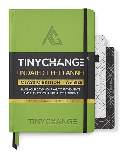 Image of TinyChange Undated Classic Life Planner | A5 Size Diary+ 2 Pocket & Meal Planners | Achieve Goals | Gratitude Journal; Habit Tacker| 100+ Activities & Reminders | 400 Stickers| Green Cover