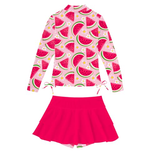 Image of Vogseek 3-12T Girls Rash Guard 2 Pieces Bathing Suit Long Sleeve Swimsuit Swimming Skirt with Shorts Swimwear