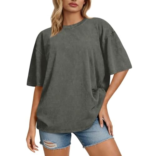 rosemia Oversized Tshirts for Women Acid Wash Short Sleeve Cotton Shirts Vintage Baggy Tops 2026 Small Army Green