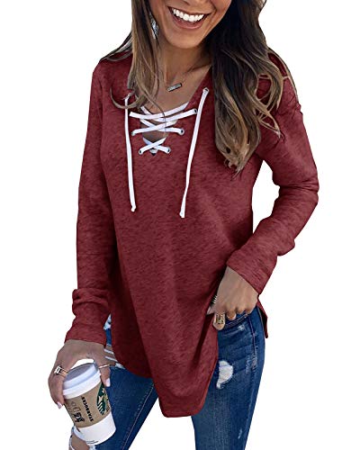Beautife Womens Lace Up Crisscross Long Sleeve Tops Casual V Neck Loose Fit T Shirt Blouses (Medium, Wine Red, m)