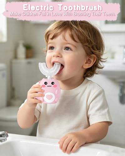 KEGOZ Kids Electric U Shaped Toothbrush for Ages 2-12, Sonic 360º Cleaning Toothbrush with 4 Brush Heads, 3 Modes, 50s Timer, IPX7 Waterproof, Cartoon Dinosaur Design, Gift for Boys & Girls (Pink) — view 3