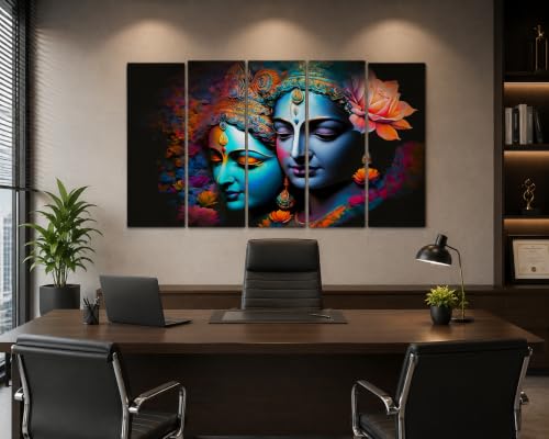 Image of KYARA ARTS Radha Krishna Wall Painting for Living Room Big Size with Wooden Frame | Premium Vinyl Print with Textured Finish | 5 Panel Framed Wall Hanging Art for Home Decor & Office (50 x 30 Inch)
