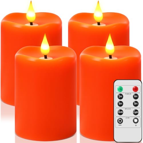 Image of Retisee 3 x 4 Inch LED Candles with Remote Timer Flickering Real Wax Battery Operated for Home Decor (Orange,4 Pcs)