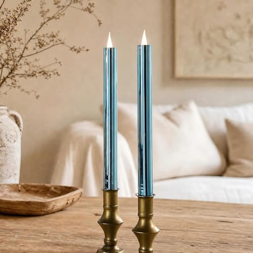 Image of Flameless Taper Candles Flickering with Remote and Timer, 3D Moving Flame Taper Candle Battery Operated to 400 Hours, 9 Inch Window Candles(High Shine Blue)