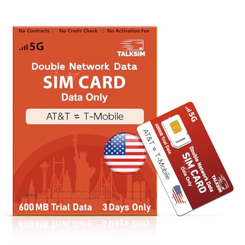 TALKSIM US Prepaid SIM Card, Data Only SIM Card Support AT&T, T-Mobile Network, Data Plans Starting at $4/mo, Nation-Wide 4G LTE/5G Coverage, 600MB Data Trial, No Contract