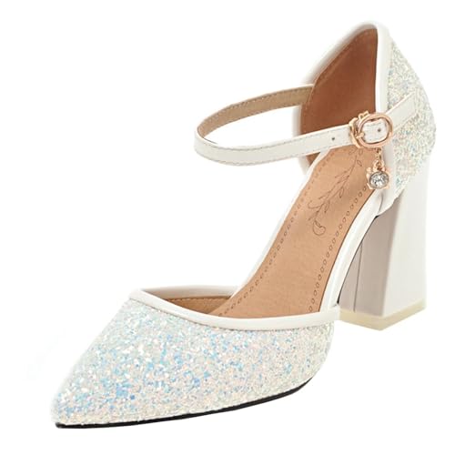 HSyc JRX Damen Blockabsatz High Heels Glitzer Pumps mit Strass Abend Brautschuhe 36