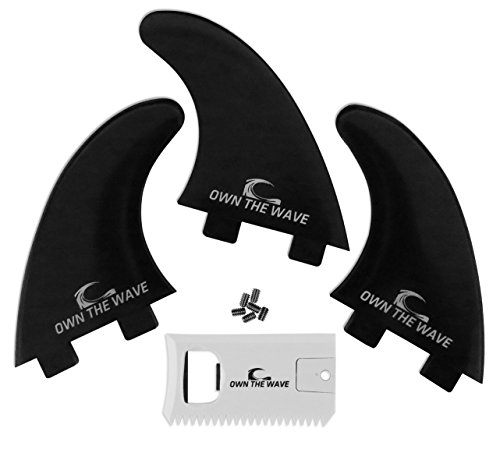 Own the Wave (3 Fiberglass Reinforced Surfboard Fins w/Wax Comb - Ebony Black