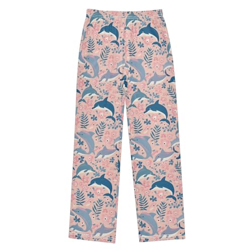 Blue Dolphins with Pink Flowers Pajamas Bottoms with Pockets Comfy Pjs Sleepwear Elastic Waistband Pajamas Pants Lounge Pants