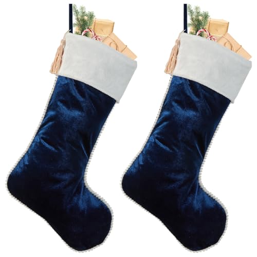 Image of Dibor Christmas Stocking Set of 2 Velvet Christmas Stockings with Pom Pom Finish Edges & Champagne Finish Hanging Tassels 18.5" Mantelpiece Decoration Festive Gift Sack Stockings (Dark Blue)