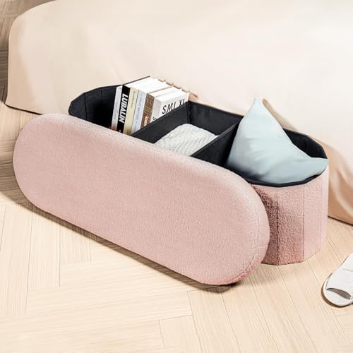 Image of B FSOBEIIALEO Ottoman with Storage for Living Room, Sherpa Folding Storage Ottoman Foot Rest, 43.3 Inches Collapsible Bedroom Bench Pink