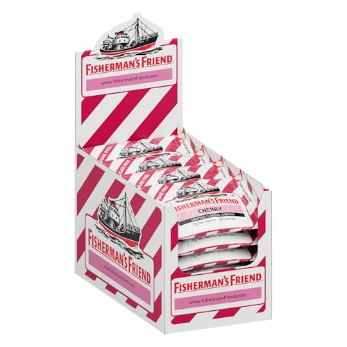 Fisherman's Friend Cherry, 24er Vorratsbox, Kirsche und Menthol Geschmack, zuckerfrei & vegan, Bonbons für frischen Atem, 24 x 25g