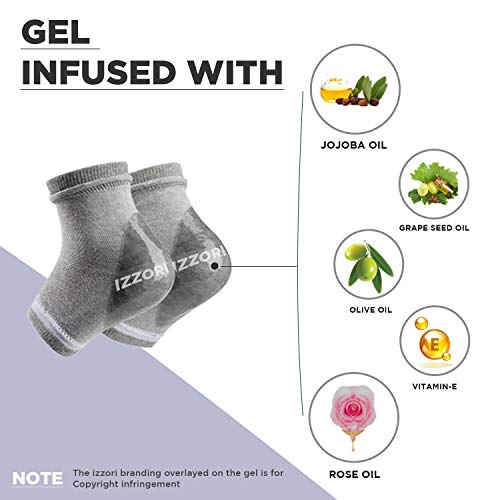 IZZORI Silicone Gel Heel Socks for Dry Hard Cracked Heel Repair Pad, (Free Size, Grey, 1 Pair), Gray