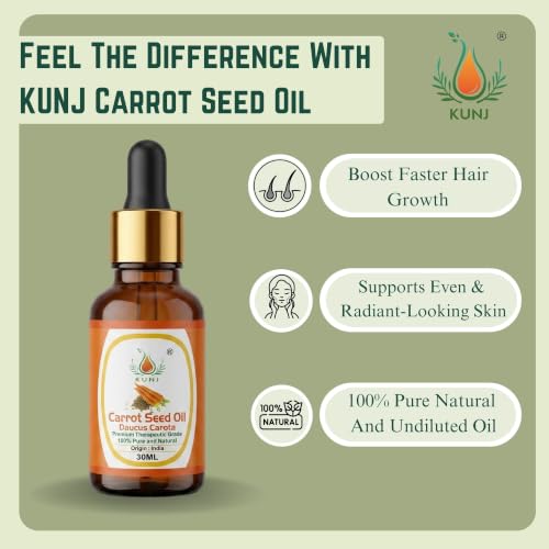 Image of KUNJ Carrot Seed Oil 30ML - Pure Natural Cold Pressed Carrier Oil for Glowing Skin, Face Care, Hair Nourishment, Massage, DIY Cosmetics & Daily Beauty Care