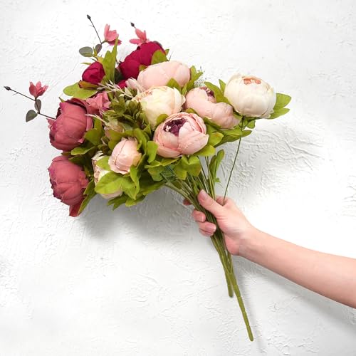 Image of FiveSeasonStuff Pinkish Red and Dusty Pink Vintage Artificial Peonies Silk Flowers and Hydrangeas for Wedding Bridal Home Decor - Beautiful Floral Centerpiece Bouquet (Passion Blush)