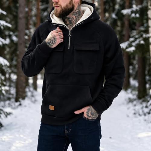 Fleece Hoodie Men Faux Suede Fleece Lined Quarter Zip Hoodies with Pockets - image 4