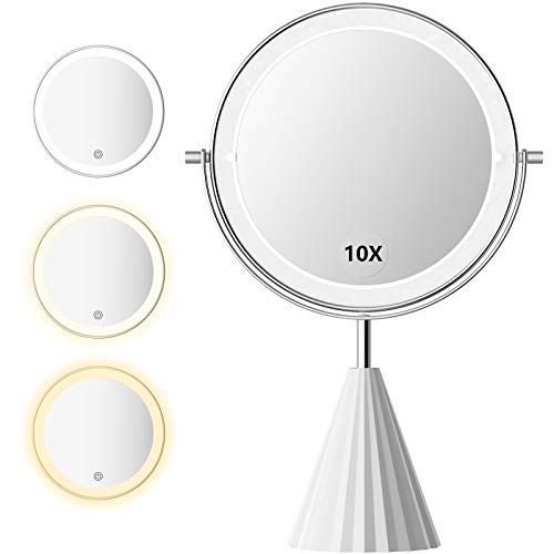 AmnoAmno LED Vanity Mirror with 3 Colors Lighting and 10x Magnification, 8 Inch Double Sided 360Â° Swivel Tabletop Makeup Mirror with Touch Sensor Dimming, Polish Finish