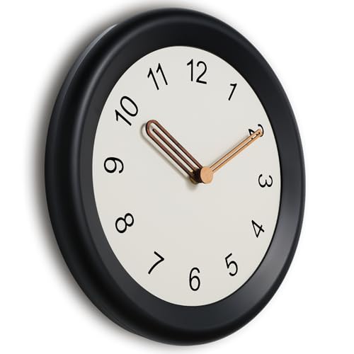 Image of Mosewa 10 Inch Black Wall Clock Silent Non-Ticking Quartz Battery Operated Analog Clock with Wood Hands, Easy to Read Minimalist Round Clock for Kitchen Living Room Bedroom Office