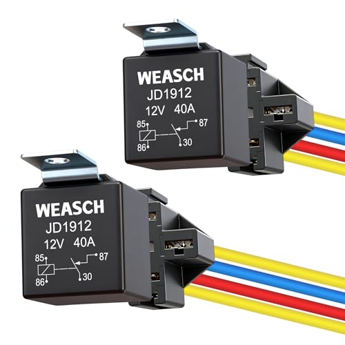 Weasch 2 Pack JD1912 Car Relays, 12V 40A, SPST 4Pin, 40A Automotive Relay, Automotive Switches and Starters, with Interlocking Relay Socket and Wiring Harness (2)