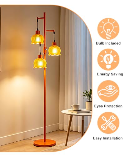 Image of Lightdot 3-Light Lotus Floor Lamp 65'' Dimmable with Orange Glass Shade & E12 Bulbs Included, Mid Century Tall Flower Lamp with 5Lbs Heavy Base for Living Room /Bedroom /Sofa Beside /Corner Decor - Gold