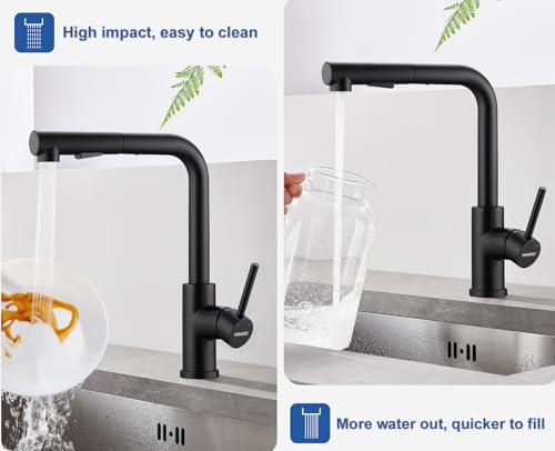 Niederdruck Armatur Küche Ausziehbar, WOOHSE Wasserhahn Küche Schwarz mit Brause 2 Strahl, 360° Drehbar Küchenarmatur Niederdruck Wasserhahn mit 3 Anschlüsse für Boiler, Spültischarmatur aus Edelstahl