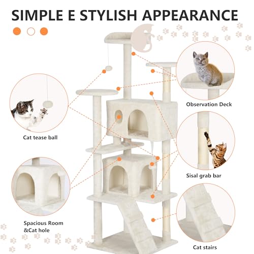 Image of BestPet | 62 inch Cat Tree Tower | Beige | Sturdy Multi-Level Cat Tree