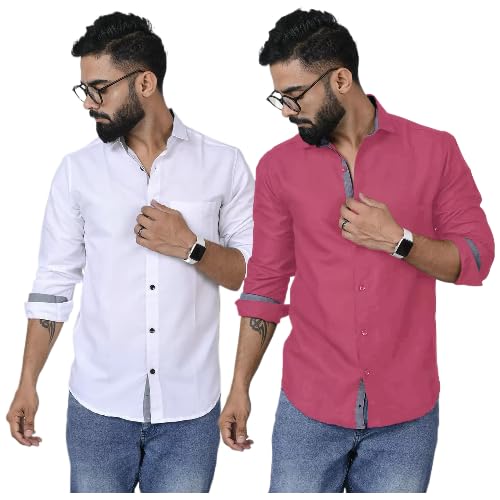 Image of Pinkmint Shirt for Men Cotton Soild Shirt & Spread Collar Long Sleeve Shirt Formal, Travelling