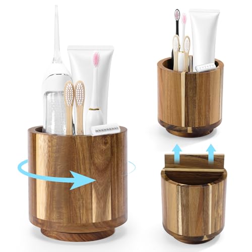 UJQSUN Toothbrush Holders for Bathrooms Toothbrush Cup Wooden Bathroom Cup with Rotation Bathroom Counter Organizer with Vent Hole Desk Organizer For Electric Toothbrush Toothpaste Water Flosser Razor