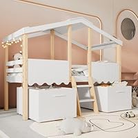 Wooden House Bed with 2 Storage Boxes and Roof, 3ft Single Tree House Solid Pine Wood Cabin Bed Frame Canopy Bed Children's Storage Bed with Ladder and Safety Guardrail, 190x90 cm, White+Natural