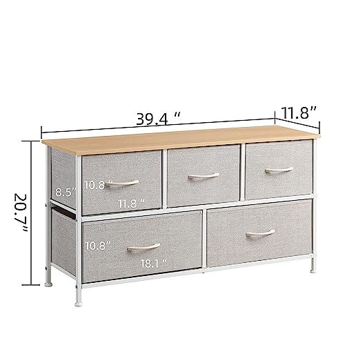 Somdot Dresser For Bedroom With 5 Drawers, Wide Storage Chest Of Drawers With Removable Fabric Bins For Closet Bedside Nursery Living Room Laundry Entryway Hallway, Grey/Natural Maple #TOP2