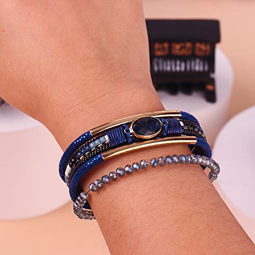 Fancy Shiny Leather Wrap Bracelets Crystal Beads Bracelet Boho Cuff Stone Charm Bracelets With Clasp Costume Jewelry For Women(Navy Blue) #TOP6