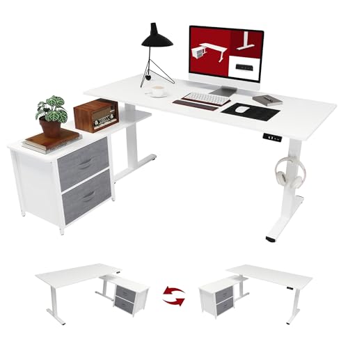 SANODESK Escritorio Elevable Escritorio de Altura Regulable Escritorio de Pie Mesa de Eléctrico en Forma de L con Cajón Amovible y Espacio de Almacenamiento, Botones Inteligentes 160 x 70 cm-Blanco