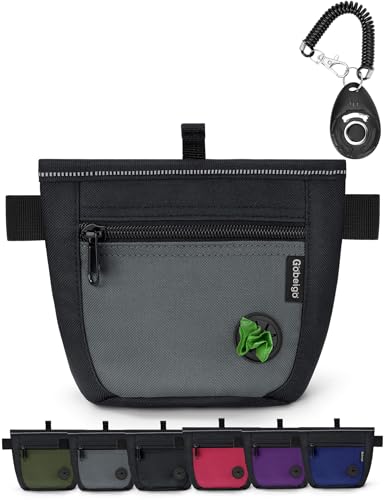 Gobeigo Dog Treat Pouch and Training Clicker, Upgrade Two Magnetic Closure to Prevent Spills, 2 Cup Treat Bag with Poop Bag Dispenser, Metal Clip Waist Belt Fanny Pack for Pet Walk (Black/Gray)