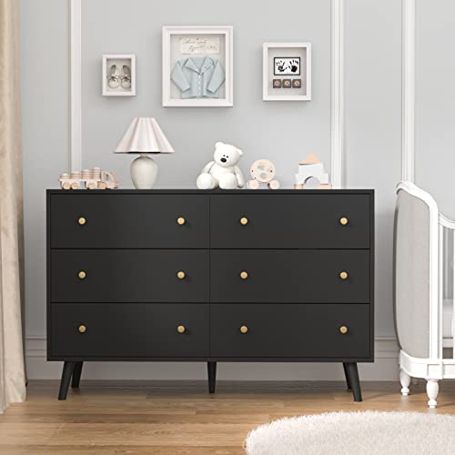 Sinrom Dresser For Bedroom, Modern Black Dresser With 6 Drawers, Wide Chest Of Drawers With Gold Handles #TOP3