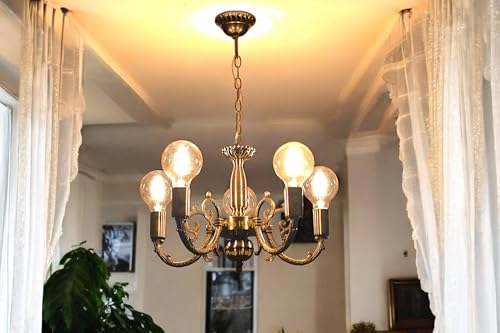 Image of Prop It Up Vintage Style Chandelier, 5-Light Pendant, Antique Brass Finish, Globe Bulb Design, Without Bulb