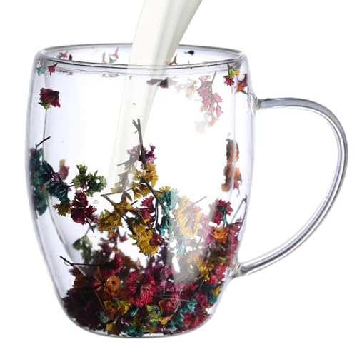 Taza de café con aislamiento de vidrio,Tazas de café de vidrio de doble pared | Taza de transparente estética de doble pared con flores secas,Taza de vidrio resistente al calor con asa, tazas de té de
