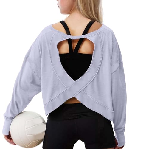 Girls Workout Shirts Long Sleeve Cross Back Cut Out Tops Backless Oversized Blouses Loose Athletic Tops Gym Yoga Tees3