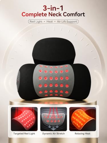 FliKEZE Cervical Neck Support & Massage Pillow with Air Lift Stretch, Dual-Wavelength 660nm & 850nm Red Light, Heated Memory Foam Cushion, Removable Small Pillow, Cordless Design, Black — view 2