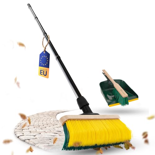 Novaliv Escoba premium con mango de 50 cm, incluye recogedor para exteriores, cepillo especial de cerdas curvas, ideal como escoba de jardín, escoba rascadora, escoba de césped artificial, ideal para