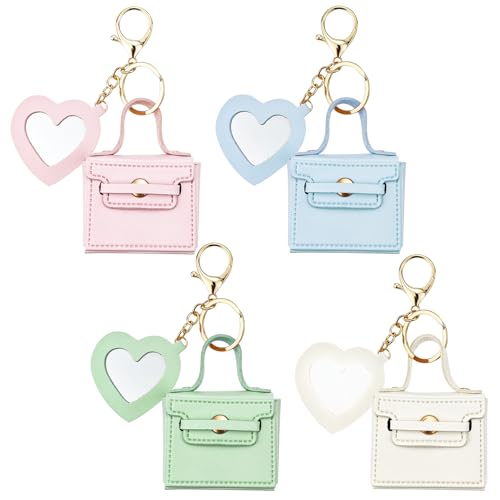 4PCS Super Smalls Makeup Bag with Mirror Mini Makeup Bag for Women, Coin Wallet, Bag Charms Y2k Accessories Cute Leather Keychain (Style 2)